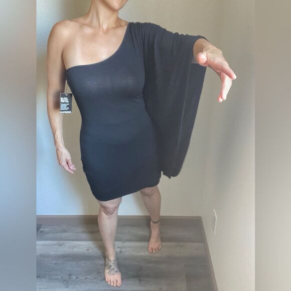 Express One Shoulder Dress Bodycon Dolman Sleeve Black Medium Classic - Picture 5 of 11